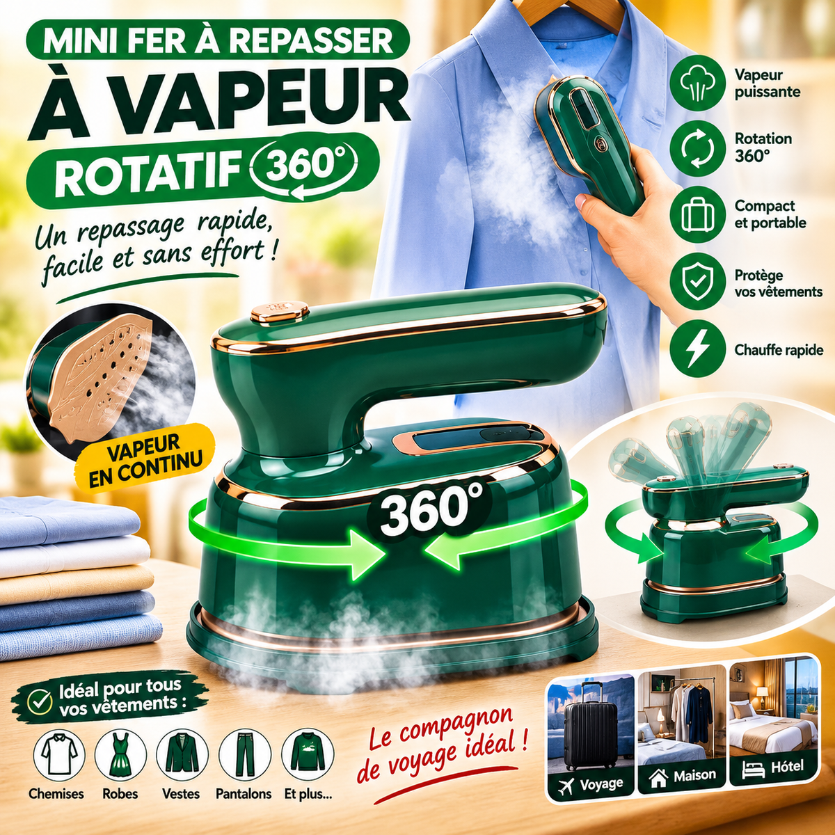 Mini fer à repasser à vapeur rotatif 360°