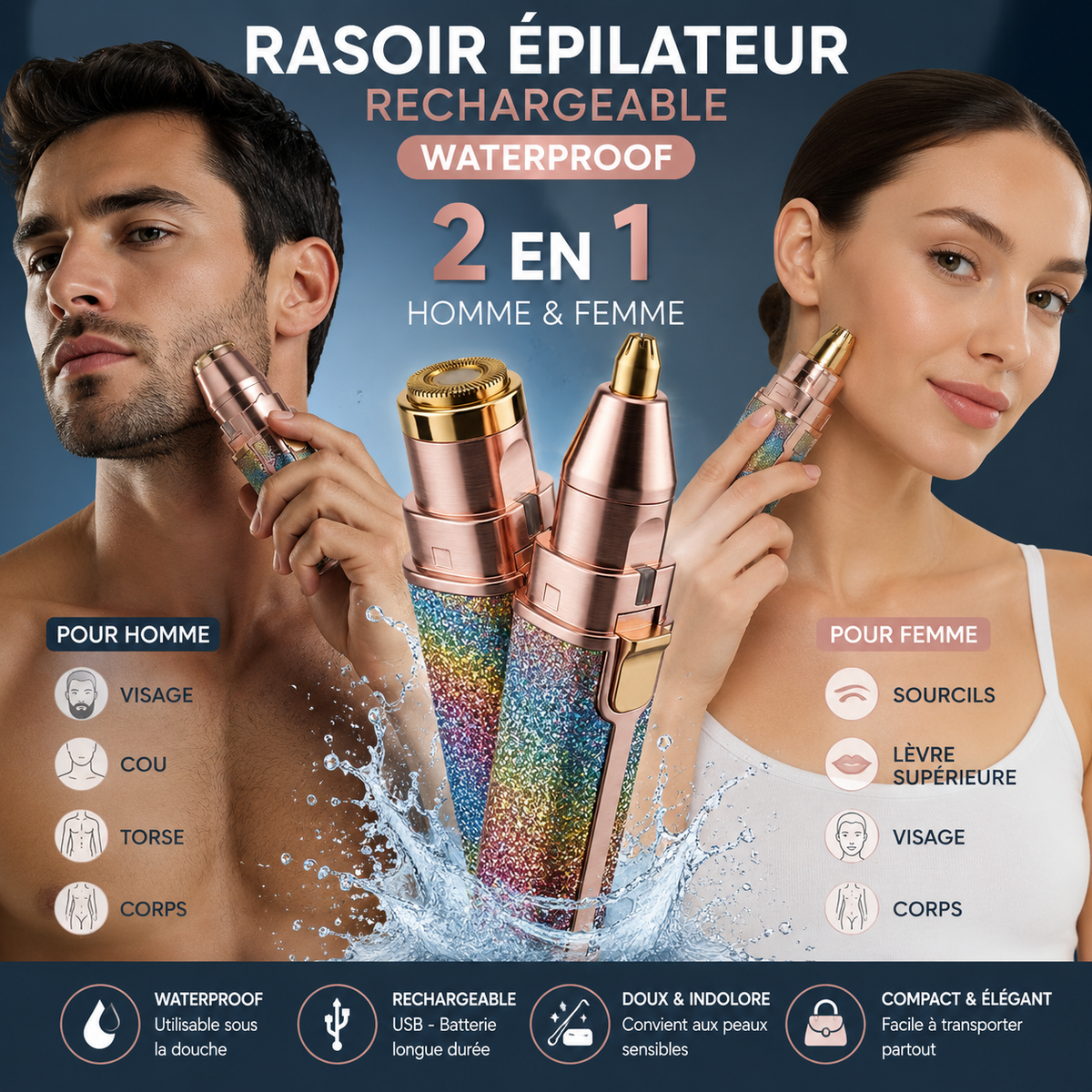 Rasoir épilateur électrique rechargeable 2 en 1
