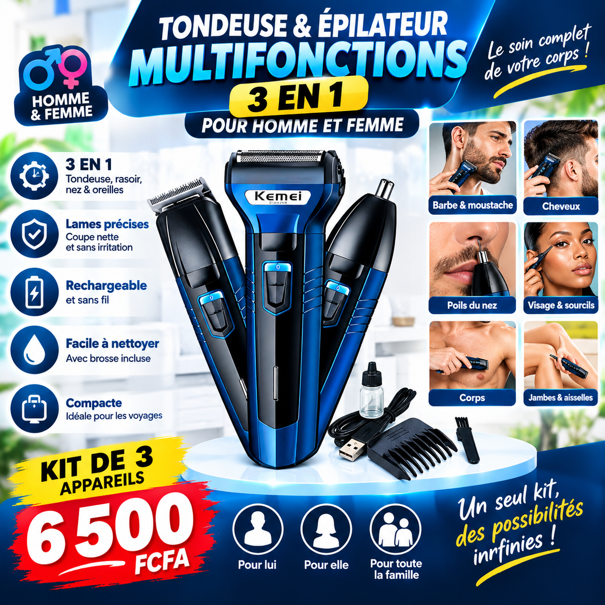 Tondeuse & épilateur multifonctions hommes et femmes 3 en 1