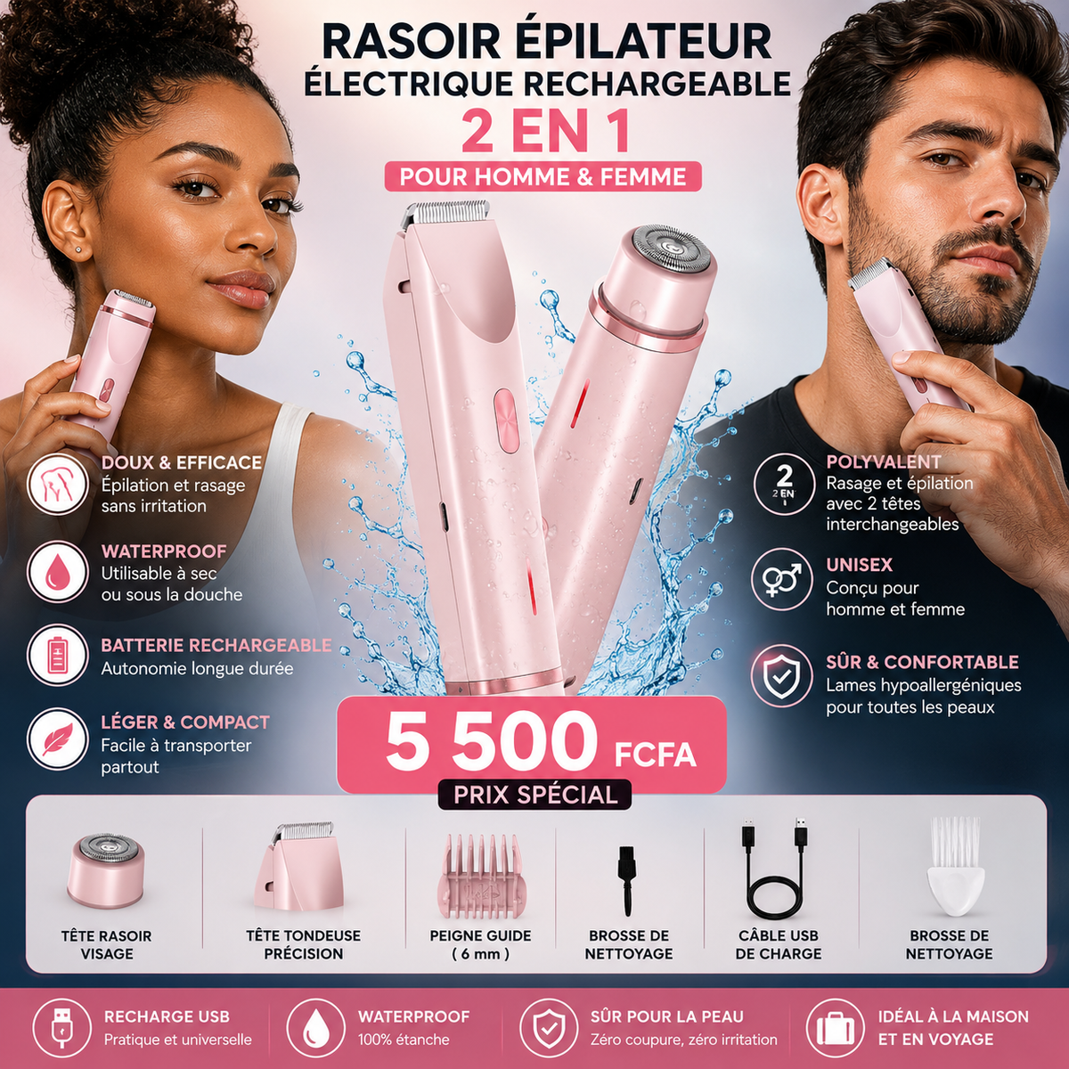 Rasoir épilateur électrique rechargeable 2 en 1